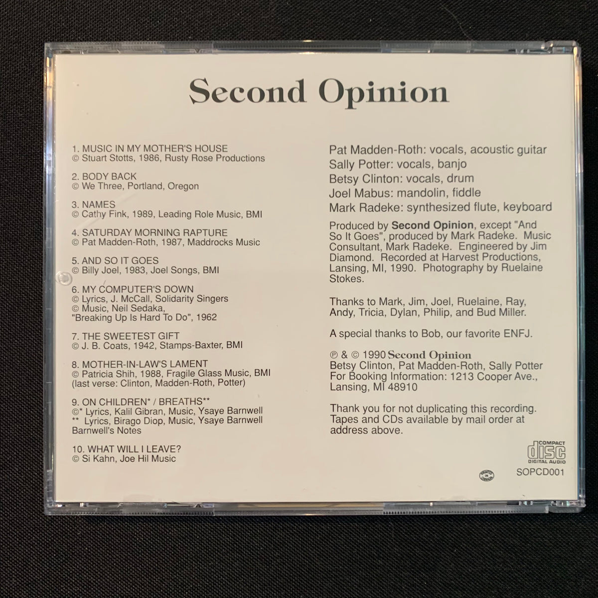 CD Second Opinion self-titled (1990) Lansing MI folk Pat Madden-Roth, – The  Exile Media and Trading Co.