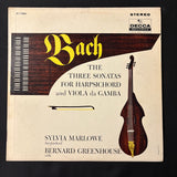LP Bach: Three Sonatas for Harpsichord and Viola da Gamba (1961) VG/VG Sylvia Marlowe, Bernard Greenhouse