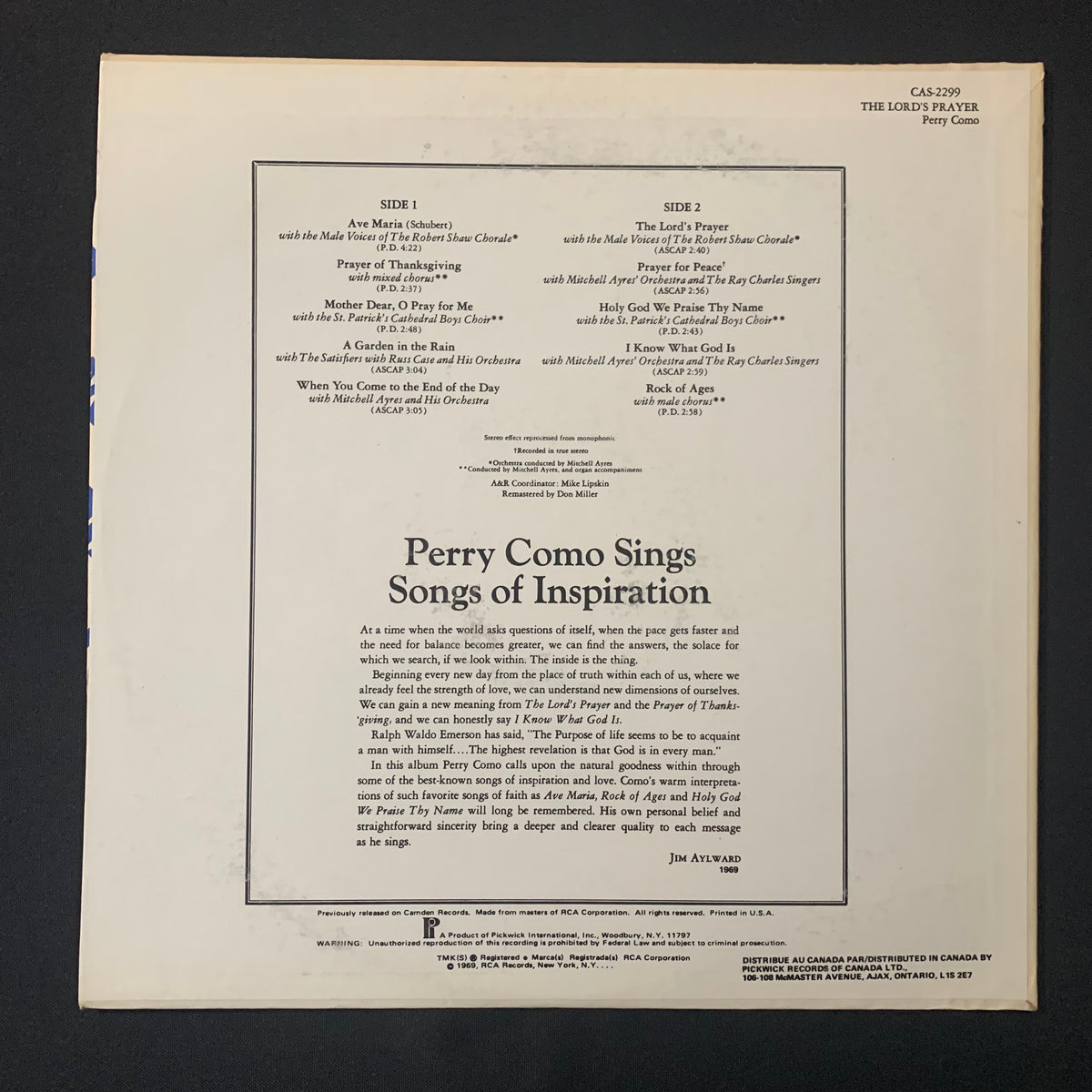 LP Perry Como 'The Lord's Prayer' (1969) VG+/VG+ vinyl record – The ...