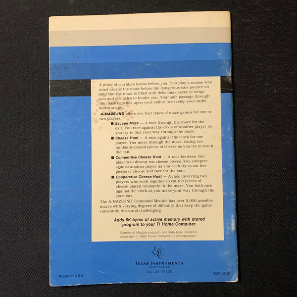 TI 99/4A A-Maze-Ing (old style) instruction manual only Texas Instrume ...