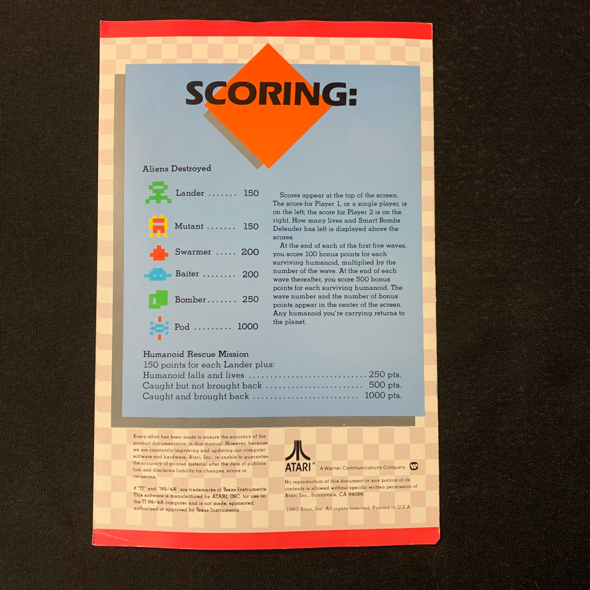 TI 99/4A Defender Atarisoft instruction manual only Texas Instruments ...