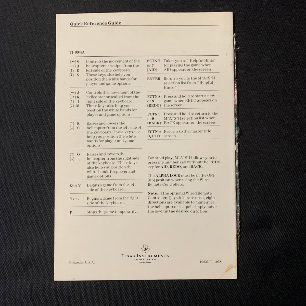 TI 99/4A M*A*S*H MASH instruction manual only Texas Instruments – The ...