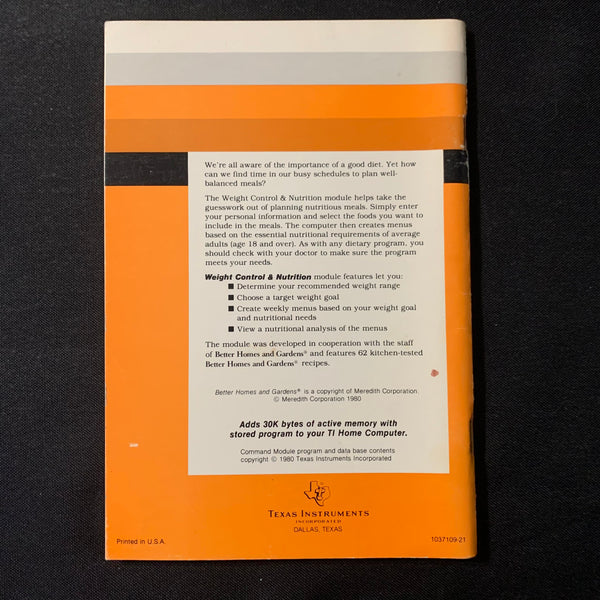 TI 99/4A Weight Control and Nutrition (old style) instruction manual o ...