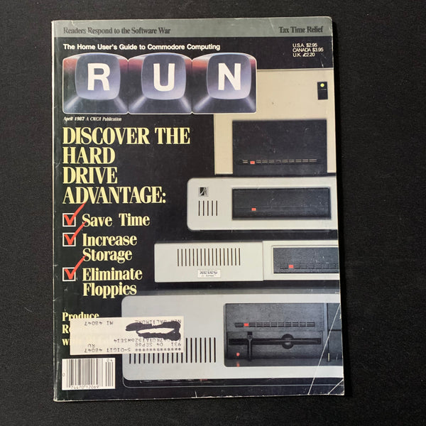 MAGAZINE Run April 1987 hard drives DataFile DFCalc tips tricks software games