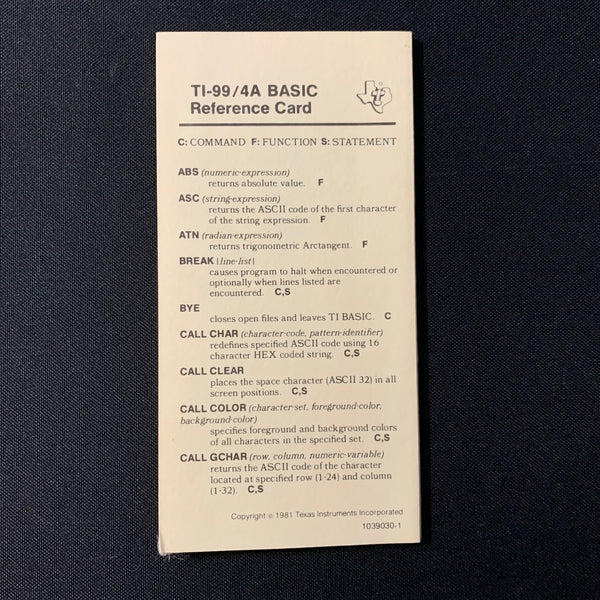 TEXAS INSTRUMENTS TI 99/4A BASIC pocket reference folded card